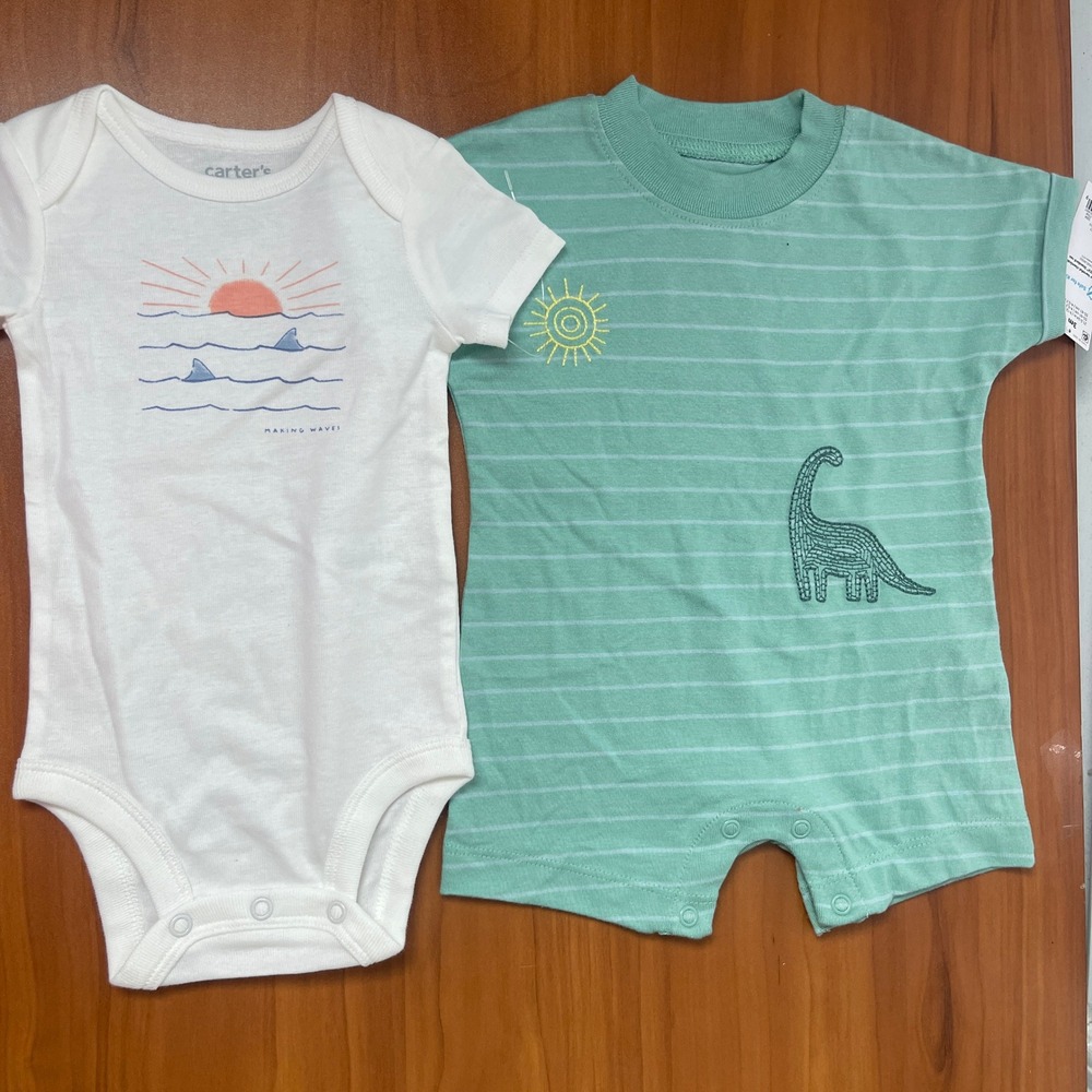 Carters Just One You Baby Boy Shark Teal Bodysuit & White Dinosaur Romper Set 3M